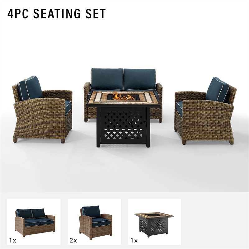 Pemberly Row 4-Piece Metal Patio Fire Pit Sofa Set in Brown/Navy