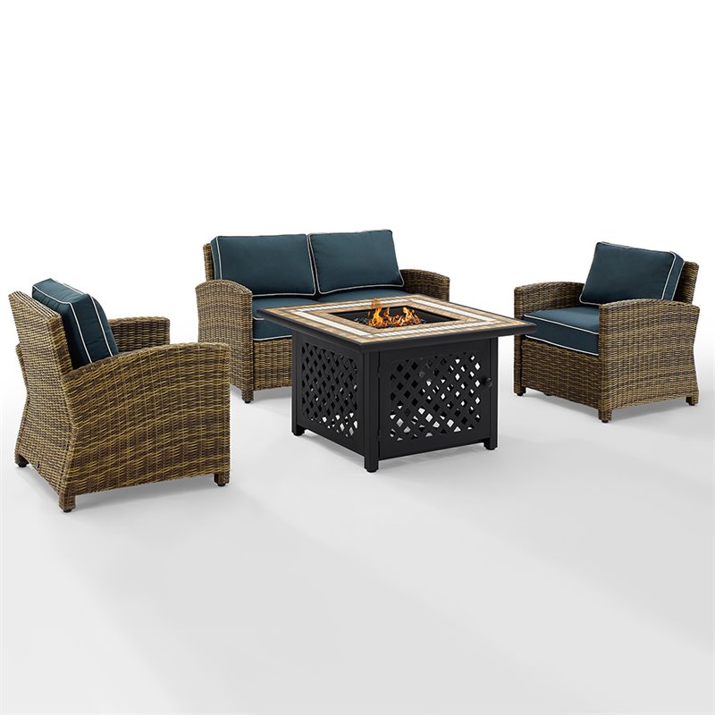 Pemberly Row 4-Piece Metal Patio Fire Pit Sofa Set in Brown/Navy