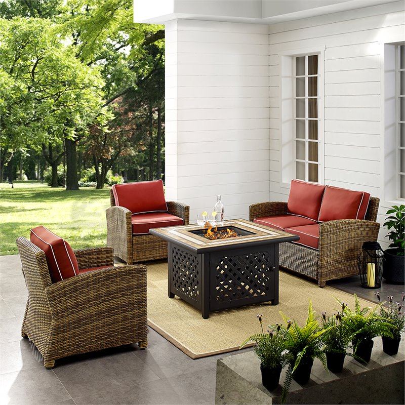 Pemberly Row 4-Piece Patio Fabric Fire Pit Sofa Set in Brown/Red