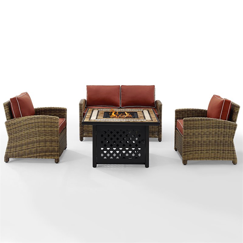 Pemberly Row 4-Piece Patio Fabric Fire Pit Sofa Set in Brown/Red