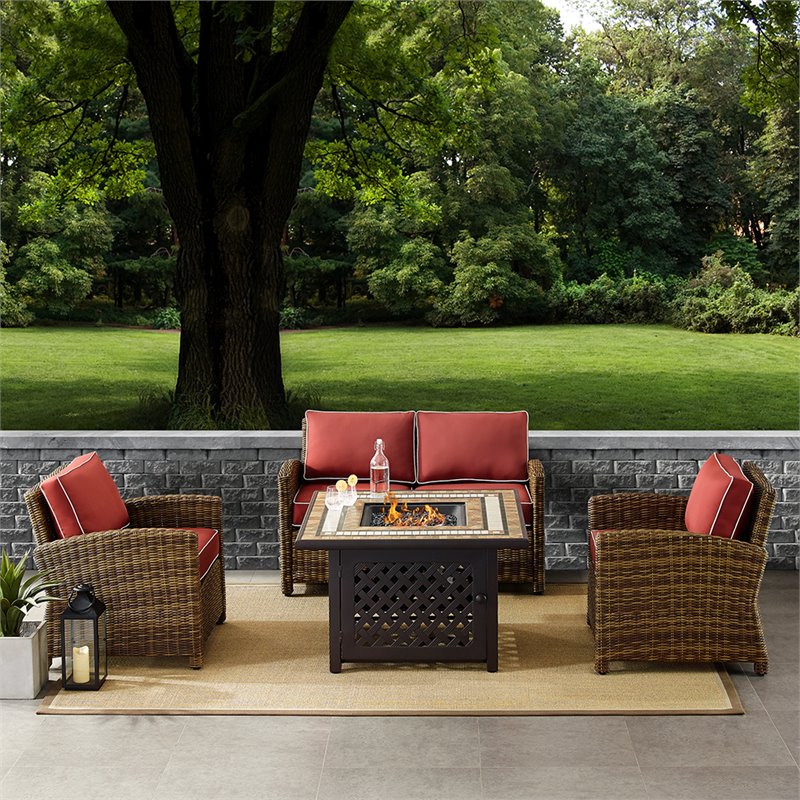 Pemberly Row 4-Piece Patio Fabric Fire Pit Sofa Set in Brown/Red