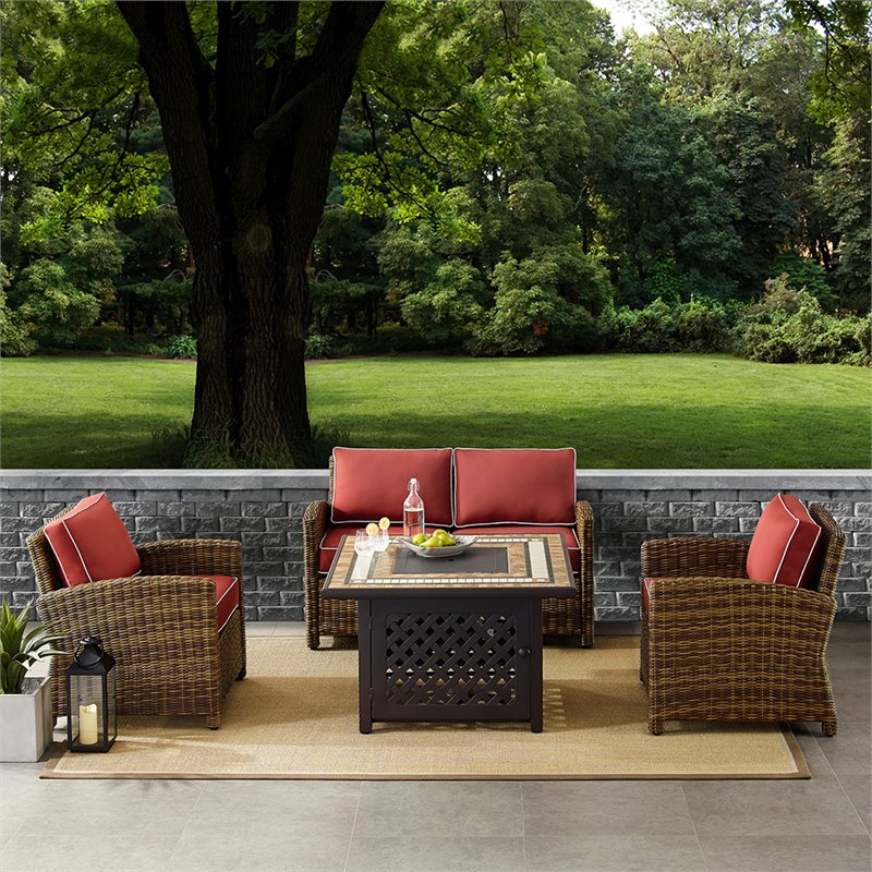 Pemberly Row 4-Piece Patio Fabric Fire Pit Sofa Set in Brown/Red