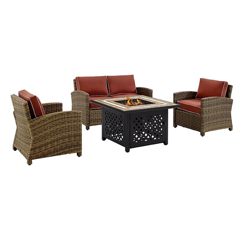 Pemberly Row 4-Piece Patio Fabric Fire Pit Sofa Set in Brown/Red