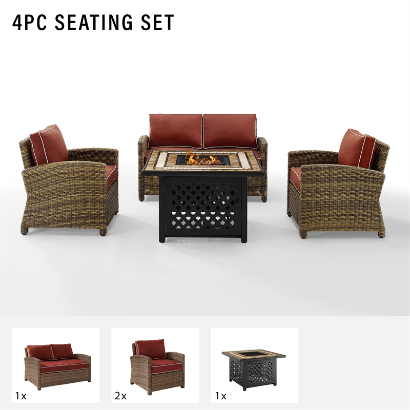 Pemberly Row 4-Piece Patio Fabric Fire Pit Sofa Set in Brown/Red