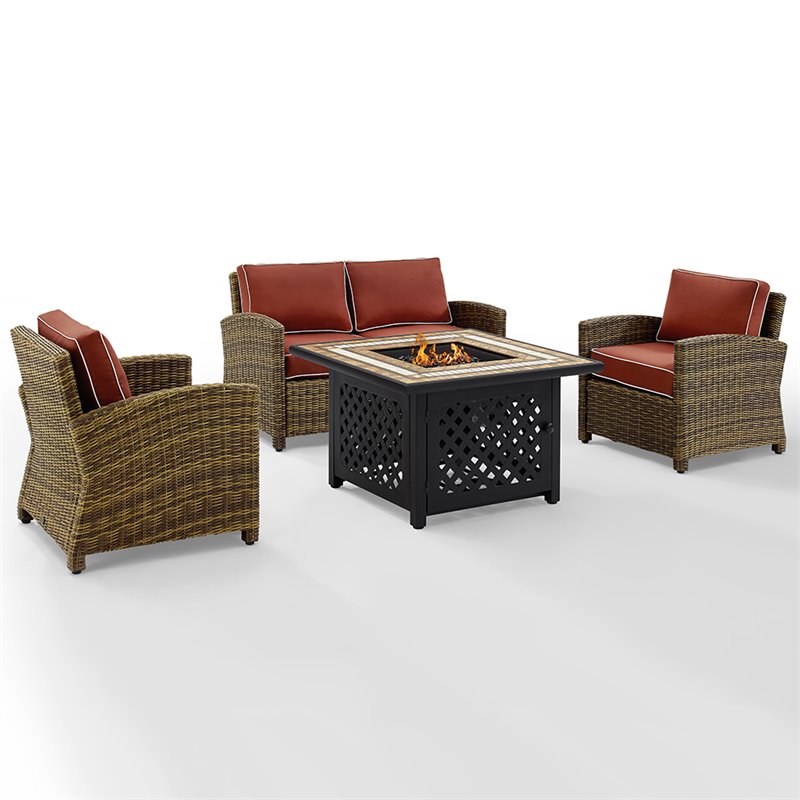 Pemberly Row 4-Piece Patio Fabric Fire Pit Sofa Set in Brown/Red
