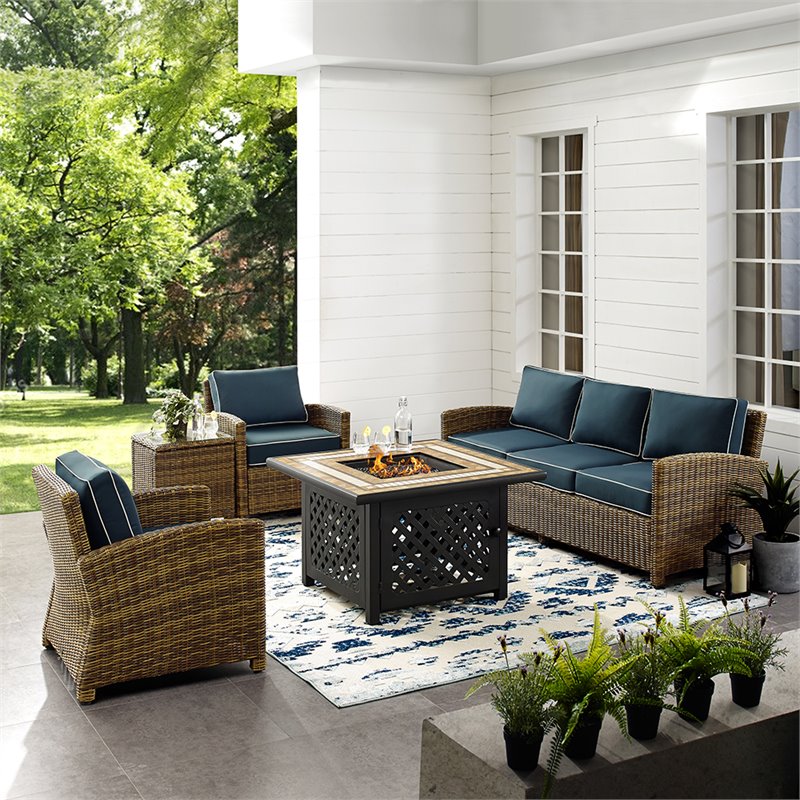Pemberly Row 5-Piece Patio Fabric Fire Pit Sofa Set in Brown and Navy