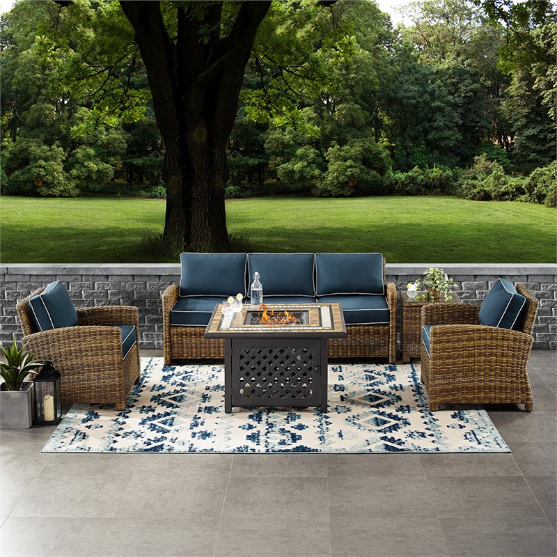 Pemberly Row 5-Piece Patio Fabric Fire Pit Sofa Set in Brown and Navy