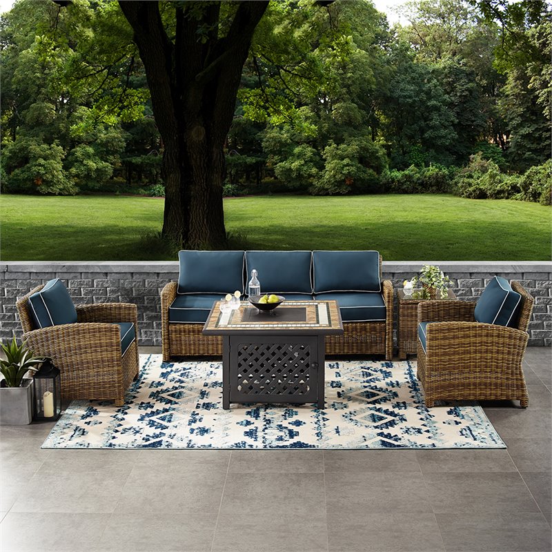 Pemberly Row 5-Piece Patio Fabric Fire Pit Sofa Set in Brown and Navy