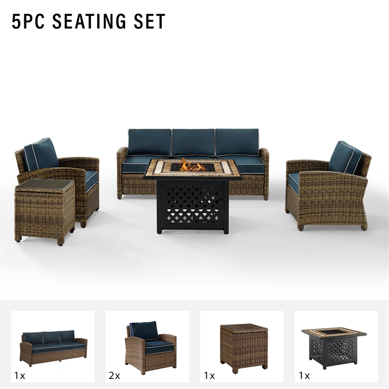 Pemberly Row 5-Piece Patio Fabric Fire Pit Sofa Set in Brown and Navy