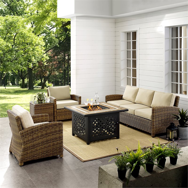 Pemberly Row 5-Piece Patio Fabric Fire Pit Sofa Set in Brown and Sand