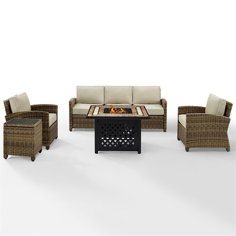 Pemberly Row 5-Piece Patio Fabric Fire Pit Sofa Set in Brown and Sand
