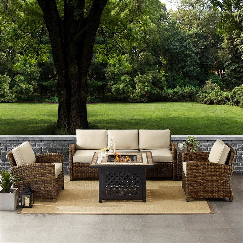 Pemberly Row 5-Piece Patio Fabric Fire Pit Sofa Set in Brown and Sand