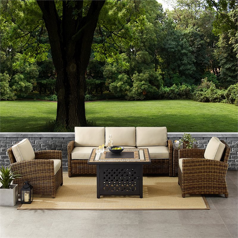 Pemberly Row 5-Piece Patio Fabric Fire Pit Sofa Set in Brown and Sand