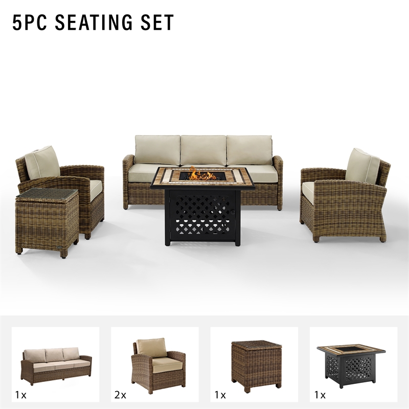 Pemberly Row 5-Piece Patio Fabric Fire Pit Sofa Set in Brown and Sand
