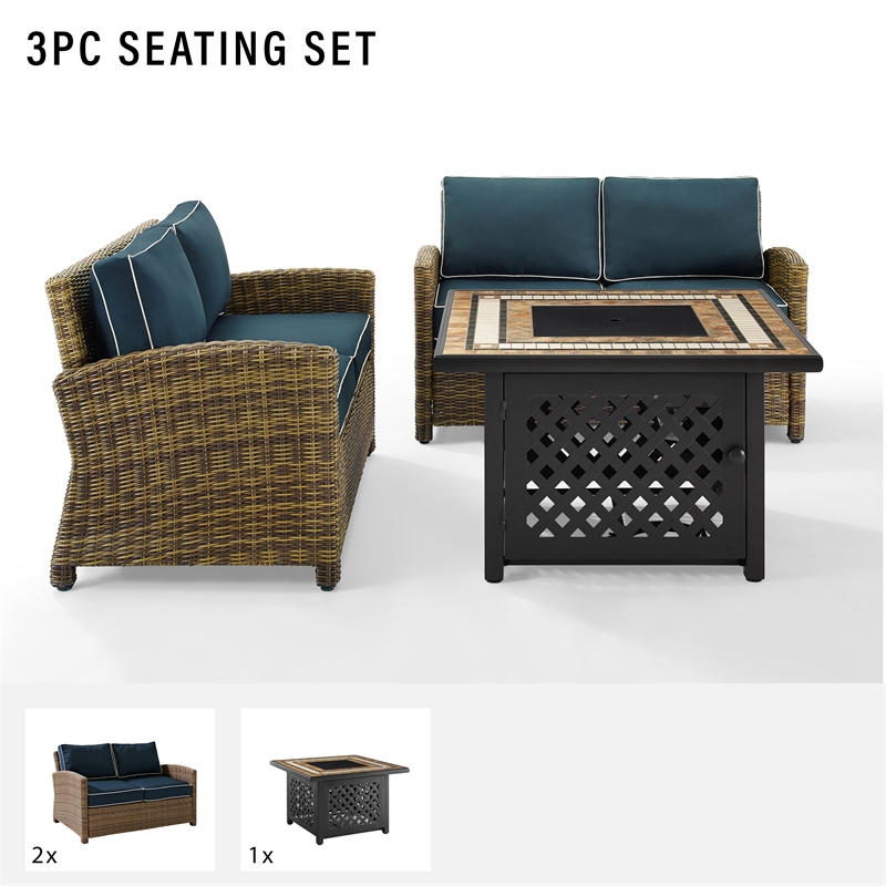 Pemberly Row 3-Piece Metal Patio Fire Pit Sofa Set in Brown and Navy