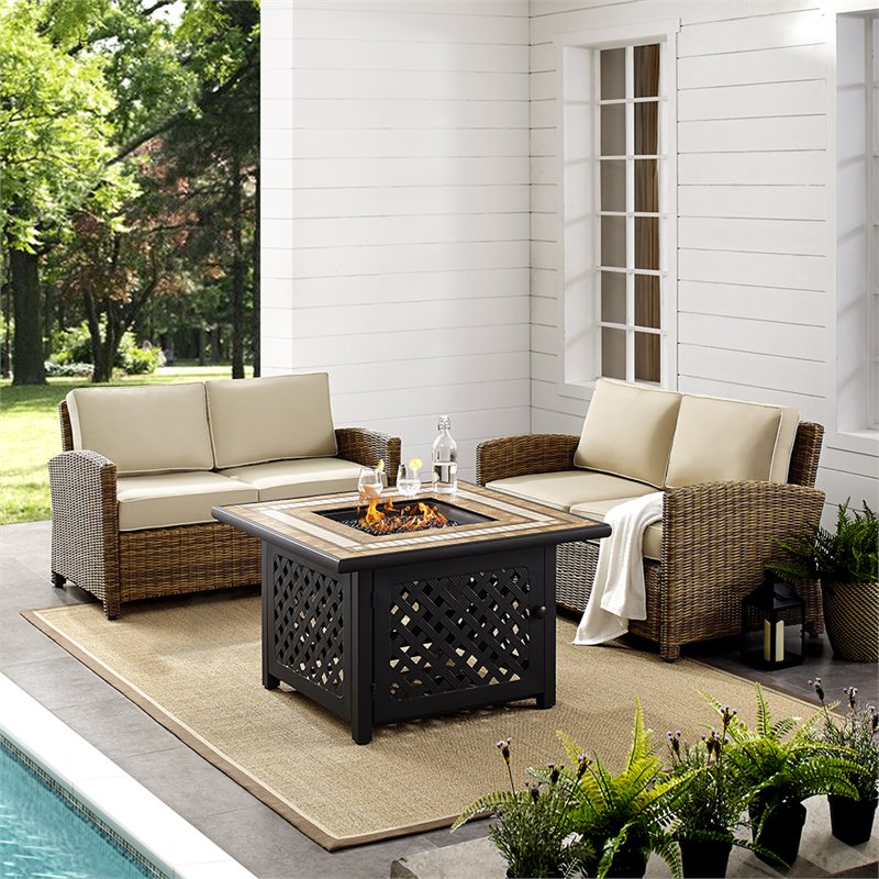 Pemberly Row 3-Piece Metal Patio Fire Pit Sofa Set in Brown and Sand