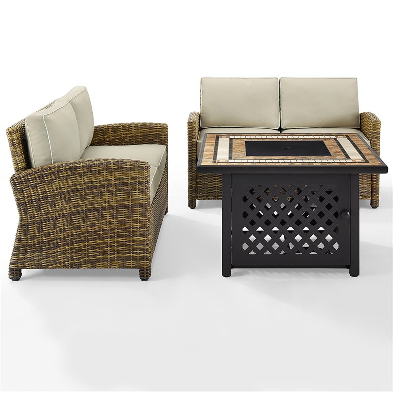 Pemberly Row 3-Piece Metal Patio Fire Pit Sofa Set in Brown and Sand