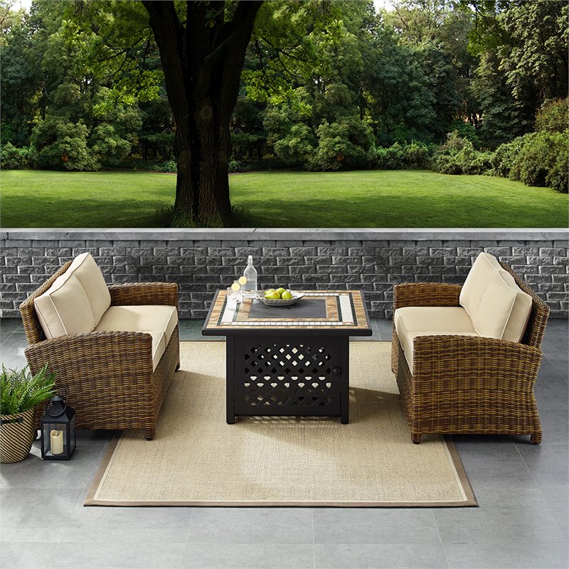 Pemberly Row 3-Piece Metal Patio Fire Pit Sofa Set in Brown and Sand