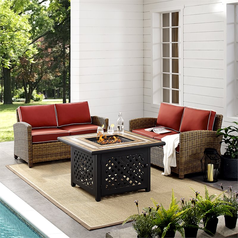 Pemberly Row 3-Piece Patio Fabric Fire Pit Sofa Set in Brown/Red
