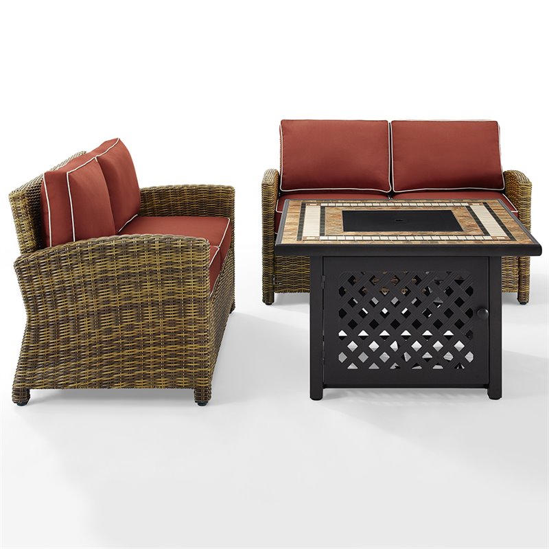 Pemberly Row 3-Piece Patio Fabric Fire Pit Sofa Set in Brown/Red