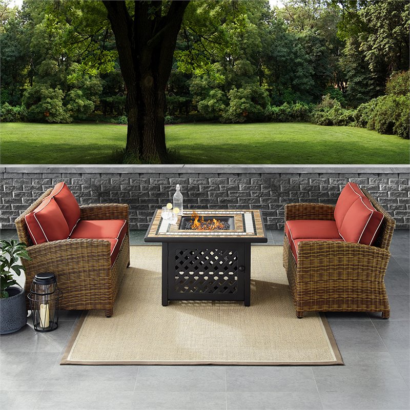 Pemberly Row 3-Piece Patio Fabric Fire Pit Sofa Set in Brown/Red
