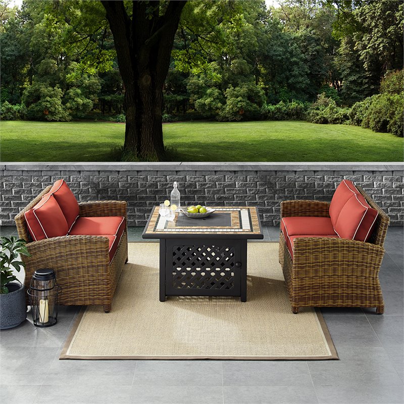 Pemberly Row 3-Piece Patio Fabric Fire Pit Sofa Set in Brown/Red