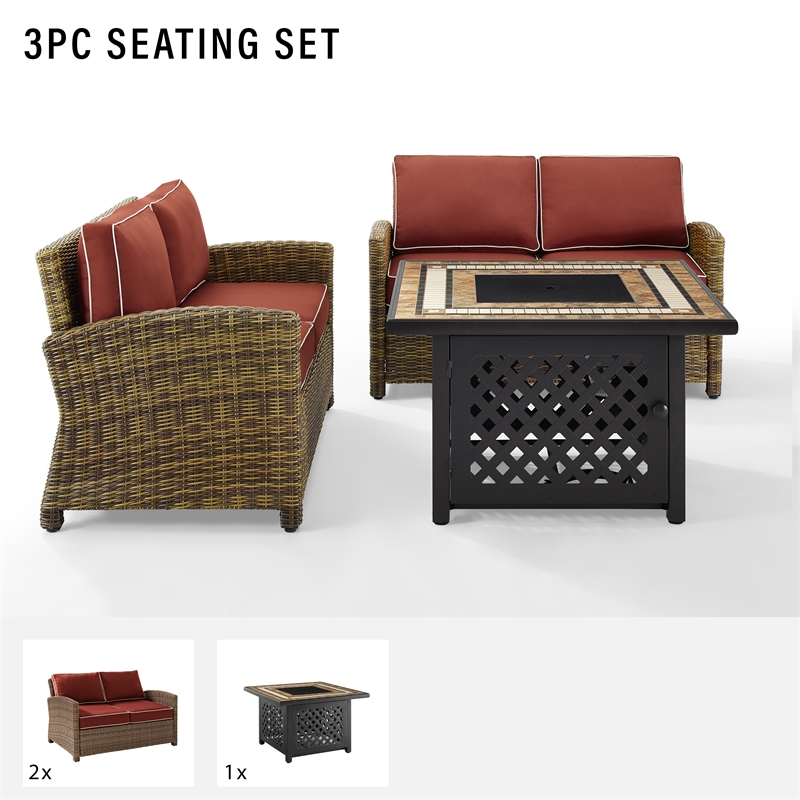 Pemberly Row 3-Piece Patio Fabric Fire Pit Sofa Set in Brown/Red
