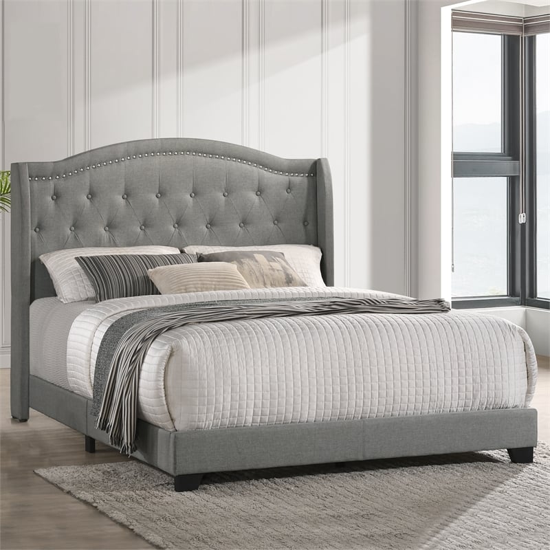 Pemberly Row Modern Fabric Queen Upholstered Bed in Smoke Gray