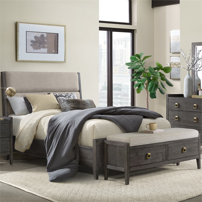 Pemberly Row Transitional Bedroom Queen Bed with Upholstered Headboard in Gray