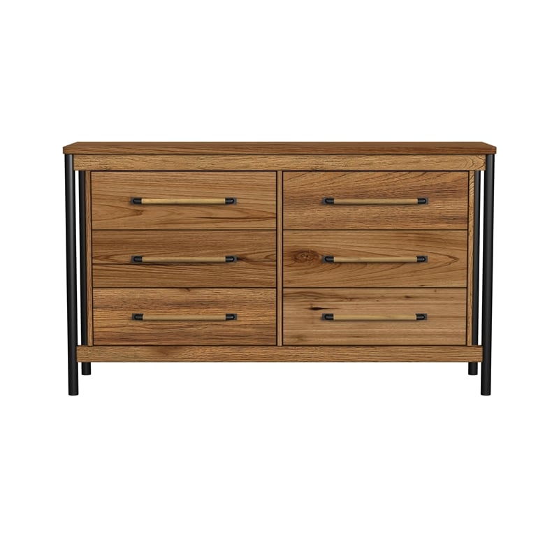 Pemberly Row Contemporary 6 Drawer Dresser Chest in Hickory Finish