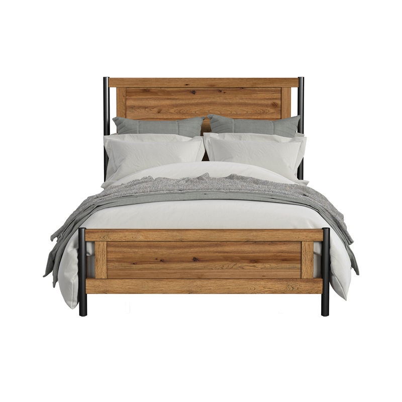 Pemberly Row Wood Contemporary Queen Panel Bed in Hickory Finish
