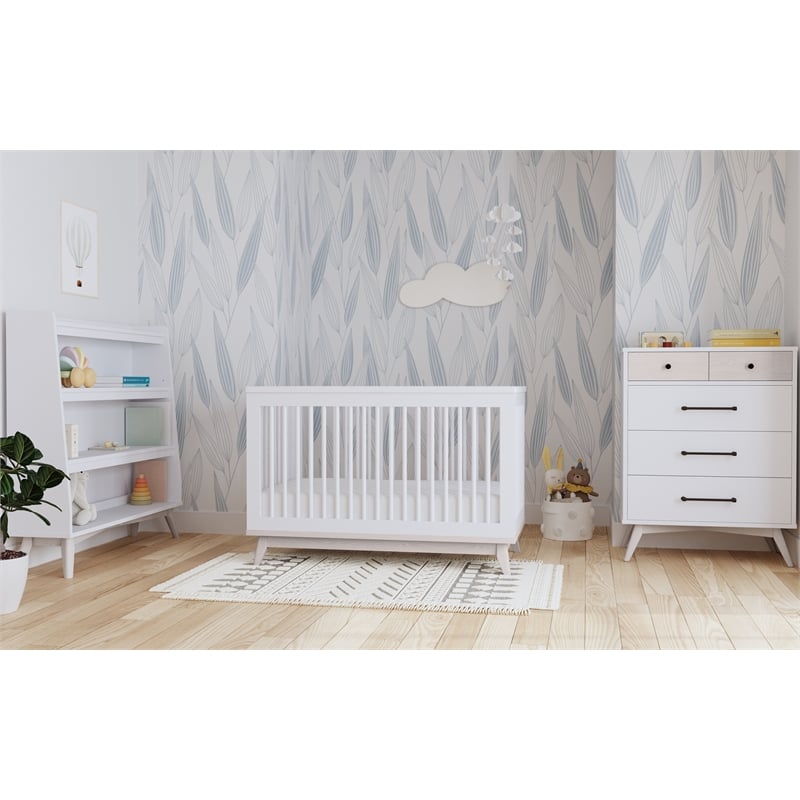Pemberly Row Contemporary Wood Cottage Crib in Ash Linen White Finish