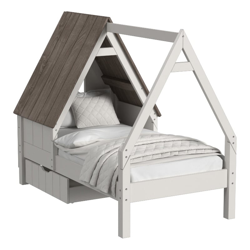 Pemberly Row Farmhouse Wood Twin Bed with Half Roof Window in Cookies/Cream