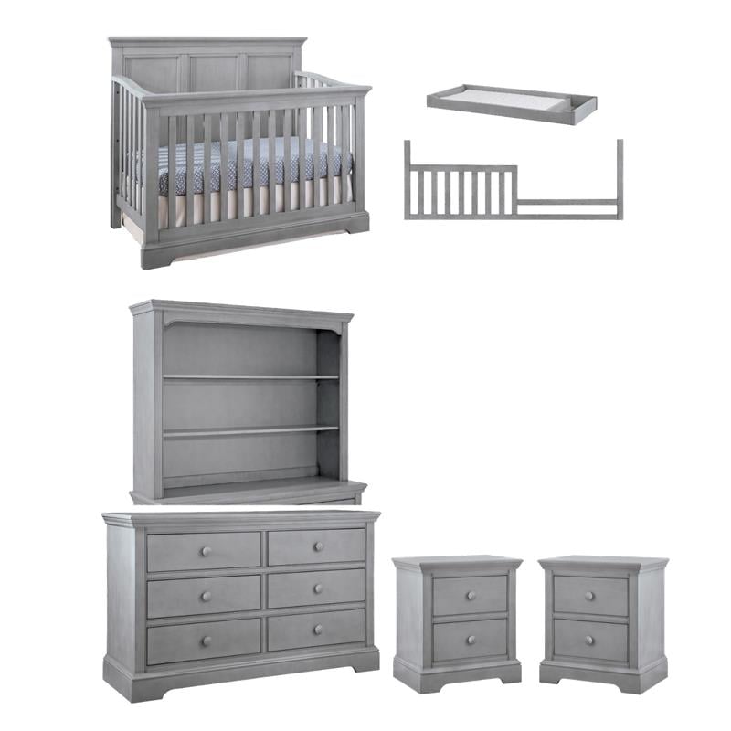 Pemberly Row Nursery Farmhouse Furniture Set of 7 Baby Crib Set in White Wood