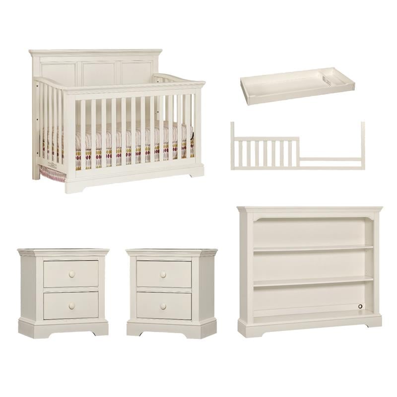 Pemberly Row Nursery Farmhouse Furniture Set of 6 Baby Crib Set in Chalk White