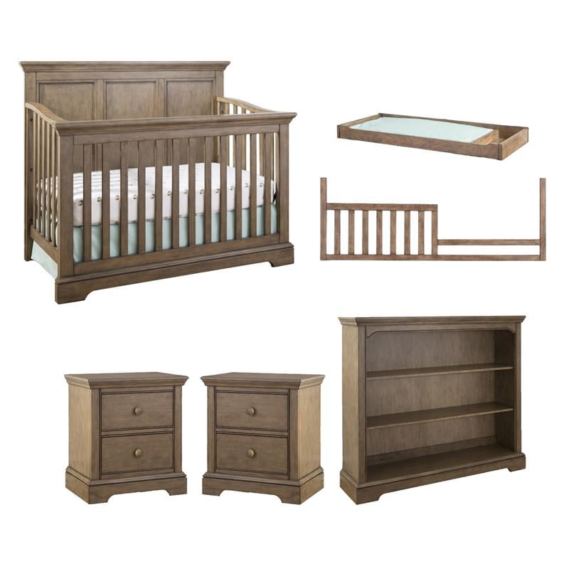 Pemberly Row Nursery Farmhouse Furniture Set of 6 Baby Crib Set in Beige Wood
