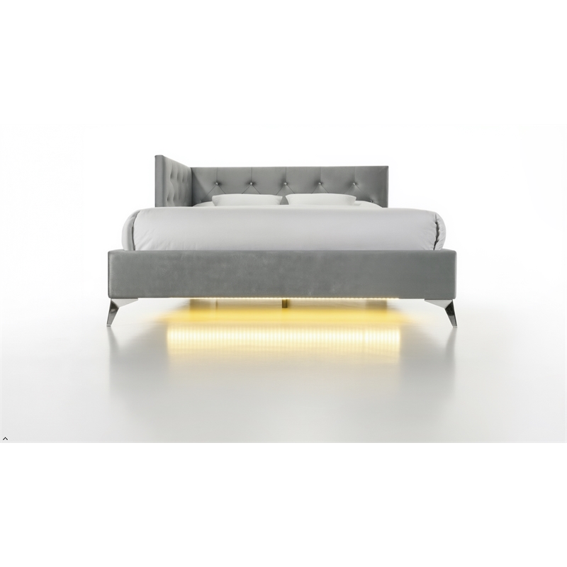 Pemberly Row  Contemporary Full Upholstered Corner Bed with LED and USB in Gray