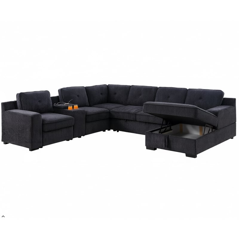 Pemberly Row Chenille Living Room Set Pull Out 6-Seater Sofa Bed in Dark Gray
