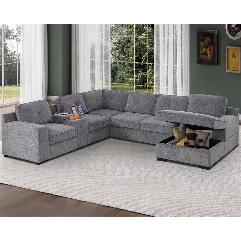 Pemberly Row Chenille Living Room Set Pull Out 6-Seater Sofa Bed in Light Gray