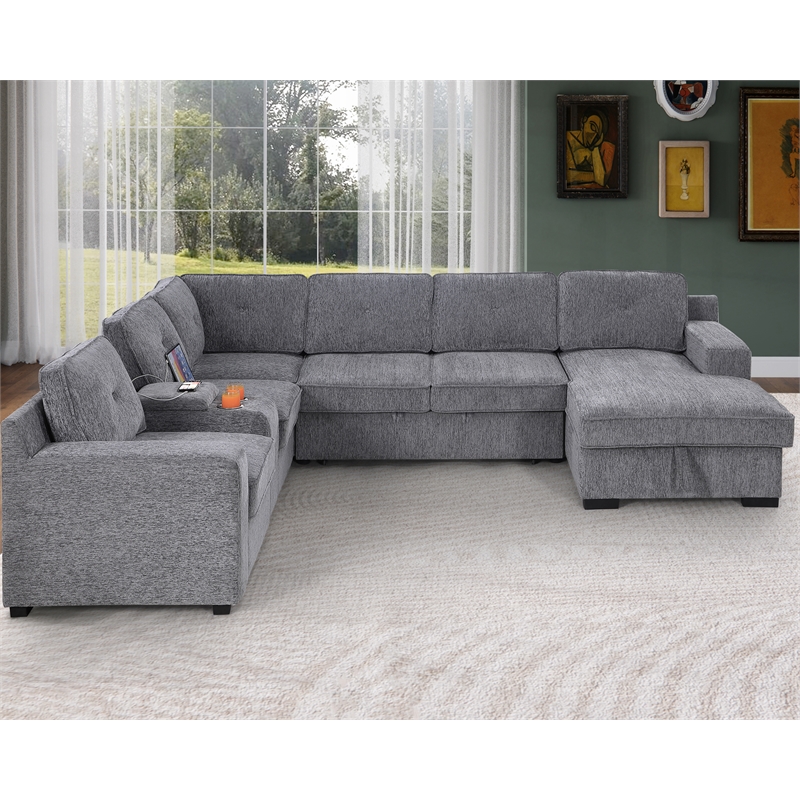 Pemberly Row Chenille Living Room Set Pull Out 6-Seater Sofa Bed in Light Gray