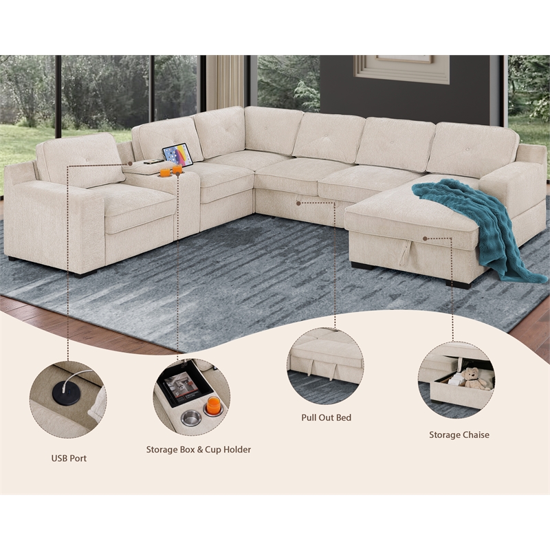 Pemberly Row Chenille Living Room Set Pull Out 6-Seater Sofa Bed in Beige