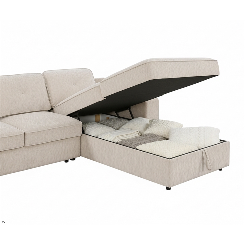 Pemberly Row Chenille Living Room Set Pull Out 6-Seater Sofa Bed in Beige