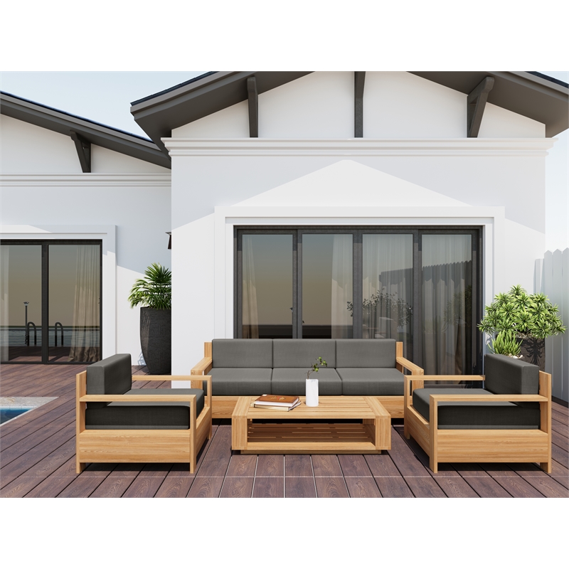 Pemberly Row Modern Teak Outdoor Club Chair with Charcoal Fabric Cushion