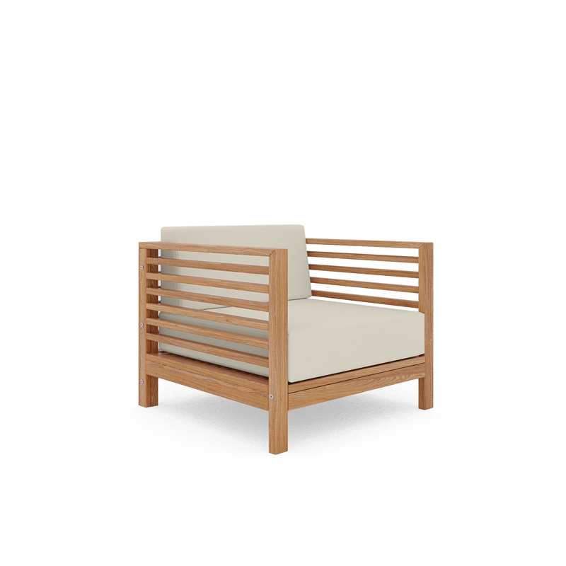 Pemberly Row Modern Teak Outdoor Club Chair with Canvas Cushion in Beige