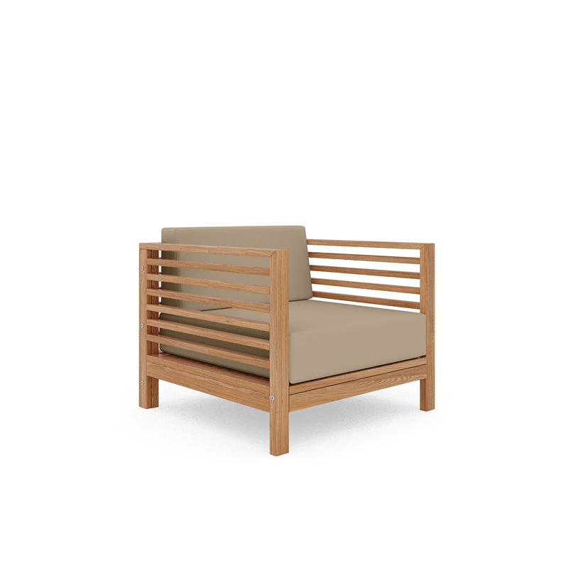 Pemberly Row Modern Teak Outdoor Club Chair with Fawn Cushion in Tan