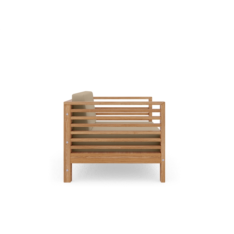 Pemberly Row Modern Teak Outdoor Club Chair with Fawn Cushion in Tan
