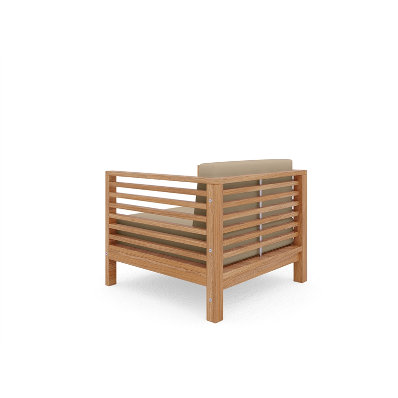 Pemberly Row Modern Teak Outdoor Club Chair with Fawn Cushion in Tan