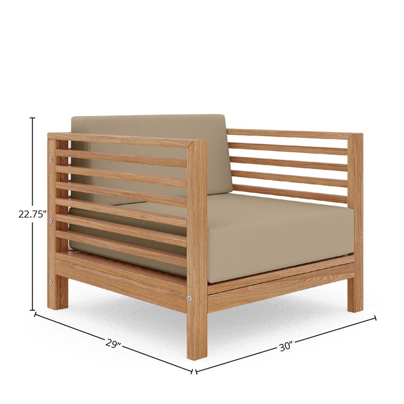 Pemberly Row Modern Teak Outdoor Club Chair with Fawn Cushion in Tan