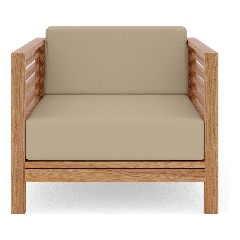 Pemberly Row Modern Teak Outdoor Club Chair with Fawn Cushion in Tan