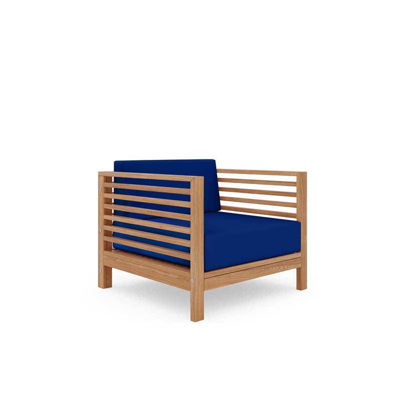 Pemberly Row Modern Teak Outdoor Club Chair with True Blue Cushion